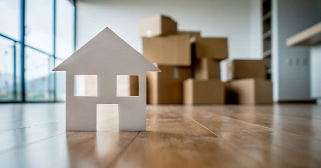 Cutout shape of house in front of moving boxes